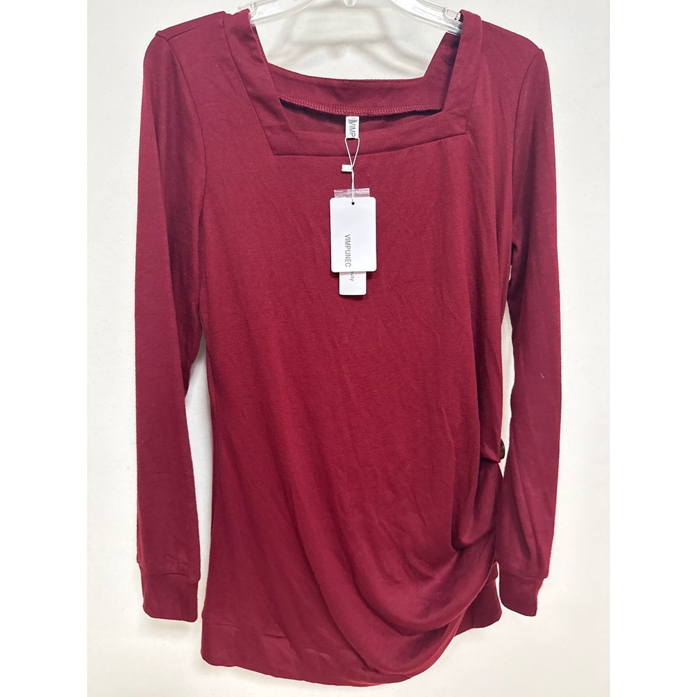 VIMPUNEC Burgundy Square Neck Long Sleeve Side Button Ruched Tunic Top Medium